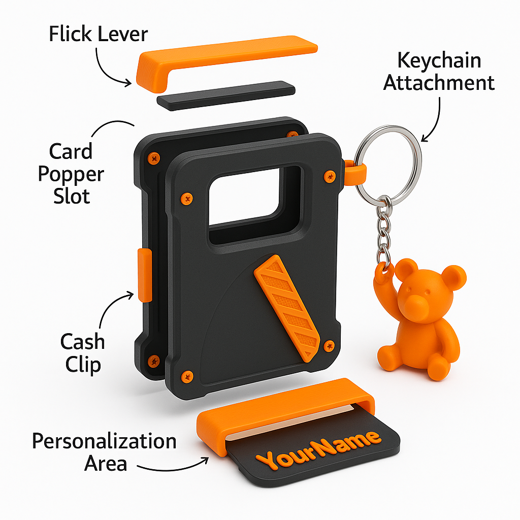 3D-Printed Smart Wallet | Pop-Up Card Holder | Cash Clip | Keychain | Customizable